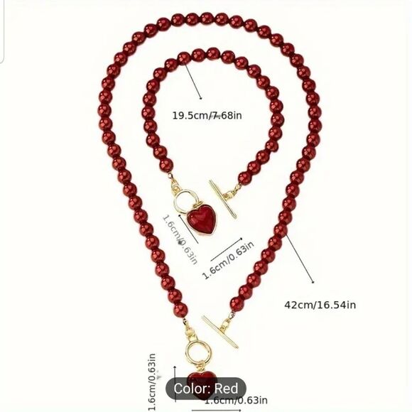 Red imitation pearl set with heart charm - Picture 6 of 10